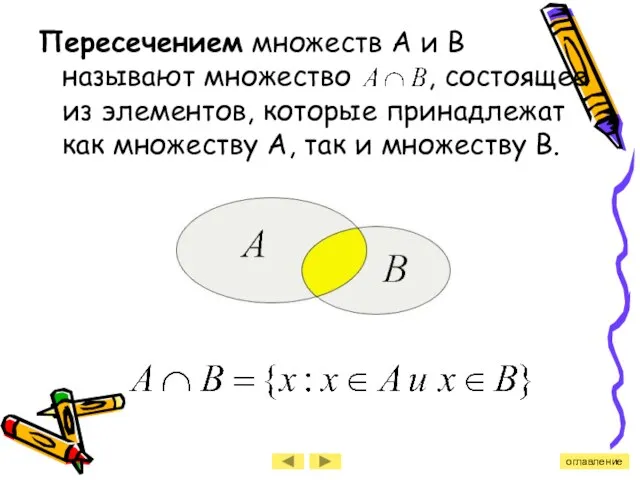 Пересечением множеств А и В называют множество , состоящее из элементов, которые