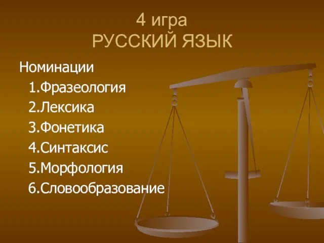 4 игра РУССКИЙ ЯЗЫК Номинации 1.Фразеология 2.Лексика 3.Фонетика 4.Синтаксис 5.Морфология 6.Словообразование