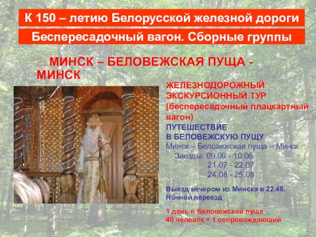 Беспересадочный вагон. Сборные группы ? МИНСК – БЕЛОВЕЖСКАЯ ПУЩА - МИНСК ЖЕЛЕЗНОДОРОЖНЫЙ