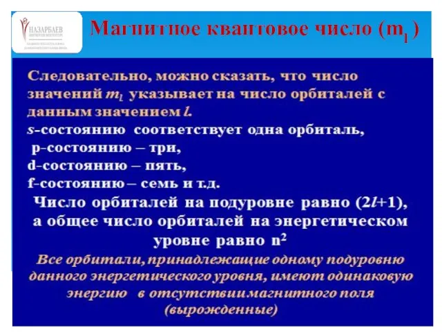 Магнитное квантовое число (ml )