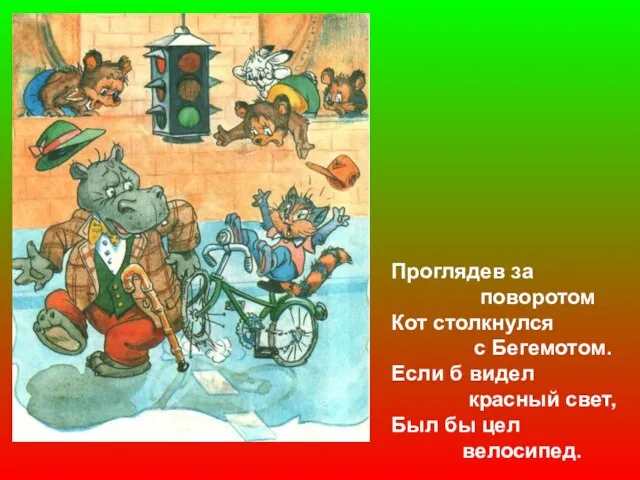 Проглядев за поворотом Кот столкнулся с Бегемотом. Если б видел красный свет, Был бы цел велосипед.