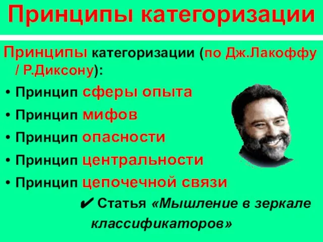 Принципы категоризации Принципы категоризации (по Дж.Лакоффу / Р.Диксону): Принцип сферы опыта Принцип