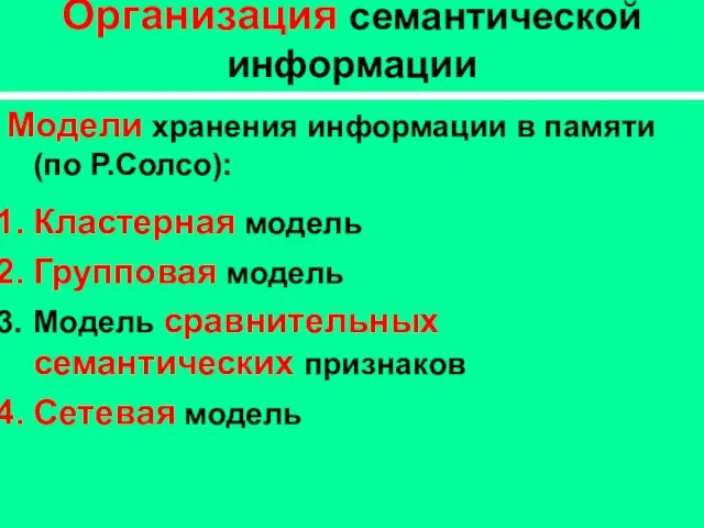 Организация семантической информации Модели хранения информации в памяти (по Р.Солсо): Кластерная модель