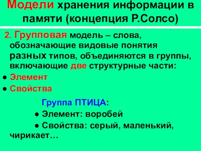 Модели хранения информации в памяти (концепция Р.Солсо) 2. Групповая модель – слова,