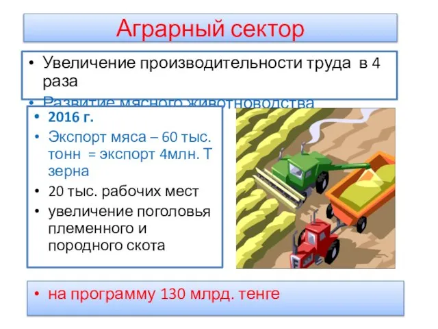 Аграрный сектор Увеличение производительности труда в 4 раза Развитие мясного животноводства 2016