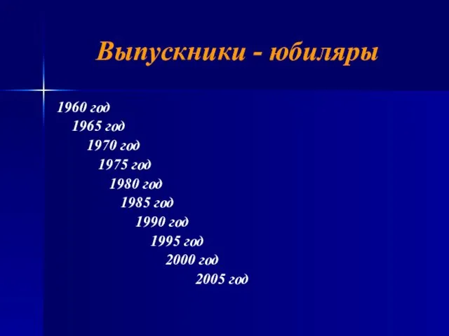 Выпускники - юбиляры 1960 год 1965 год 1970 год 1975 год 1980