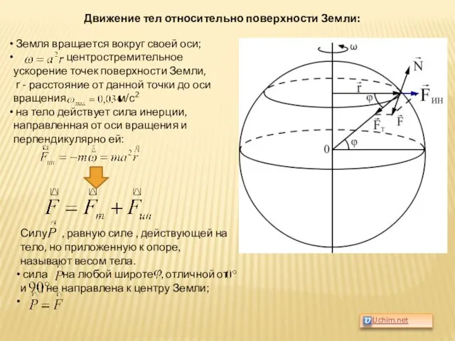 Движение тел относительно поверхности Земли: Земля вращается вокруг своей оси; - центростремительное