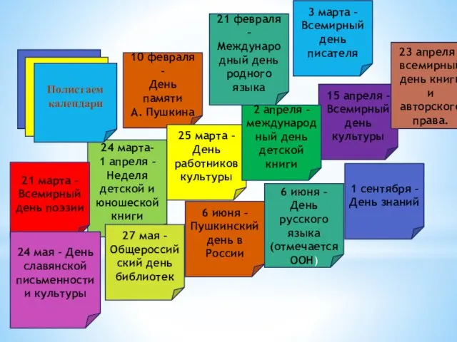 Полистаем календари 10 февраля – День памяти А. Пушкина 24 марта- 1