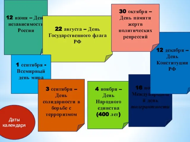 12 июня – День независимости России 22 августа – День Государственного флага