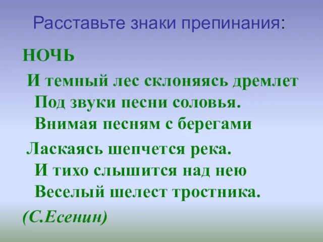 Расставьте знаки препинания: НОЧЬ И темный лес склоняясь дремлет Под звуки песни