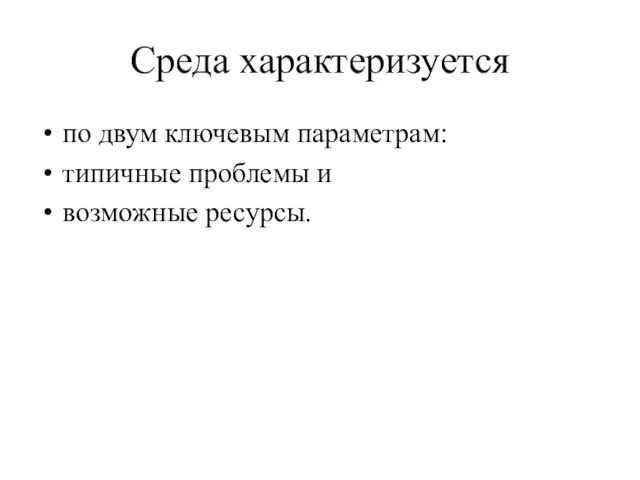 Среда характеризуется по двум ключевым параметрам: типичные проблемы и возможные ресурсы.