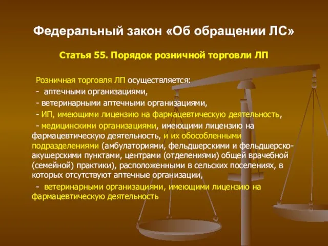 Федеральный закон «Об обращении ЛС» Статья 55. Порядок розничной торговли ЛП Розничная