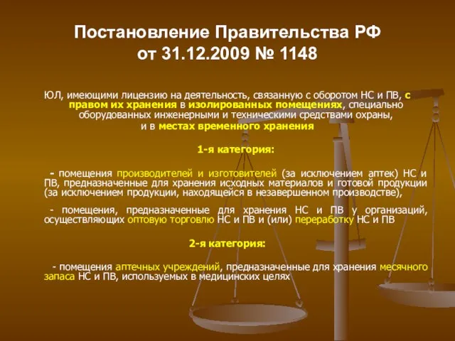 Постановление Правительства РФ от 31.12.2009 № 1148 ЮЛ, имеющими лицензию на деятельность,