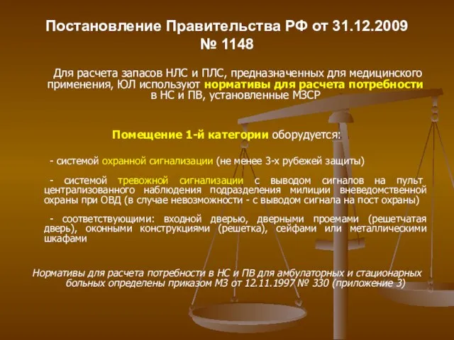 Постановление Правительства РФ от 31.12.2009 № 1148 Для расчета запасов НЛС и