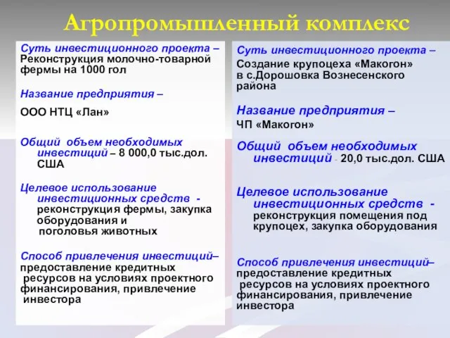 Суть инвестиционного проекта – Реконструкция молочно-товарной фермы на 1000 гол Название предприятия