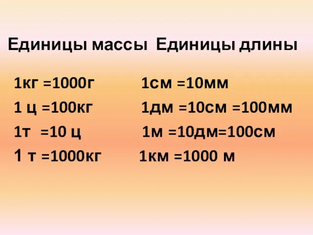 Единицы массы Единицы длины 1кг =1000г 1см =10мм 1 ц =100кг 1дм