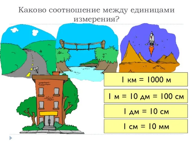 1 км = 1000 м 1 м = 10 дм = 100