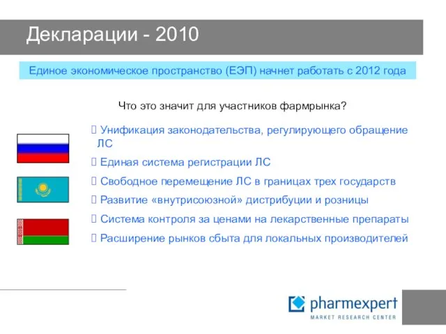 Декларации - 2010 Единое экономическое пространство (ЕЭП) начнет работать с 2012 года