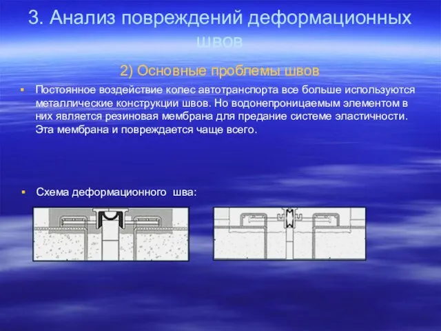 3. Анализ повреждений деформационных швов 2) Основные проблемы швов Постоянное воздействие колес