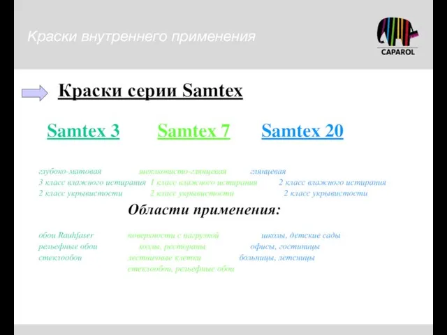 Краски серии Samtex Samtex 3 Samtex 7 Samtex 20 глубоко-матовая шеклковисто-глянцевая глянцевая