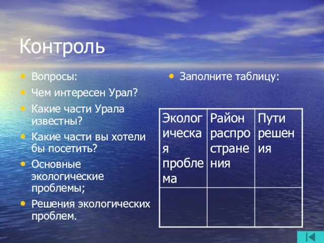 Контроль Вопросы: Чем интересен Урал? Какие части Урала известны? Какие части вы