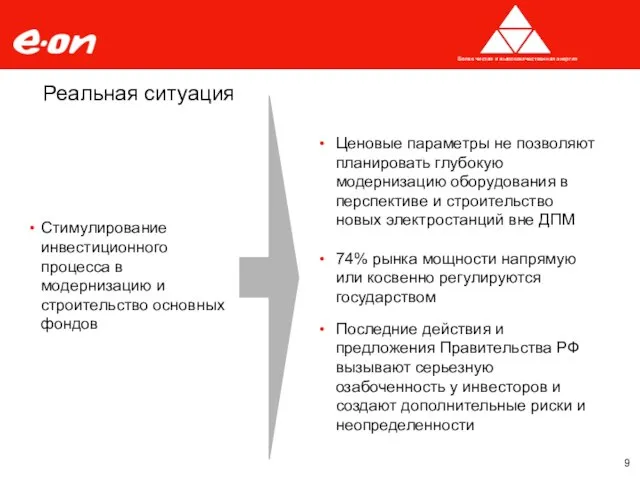 Реальная ситуация Стимулирование инвестиционного процесса в модернизацию и строительство основных фондов Ценовые