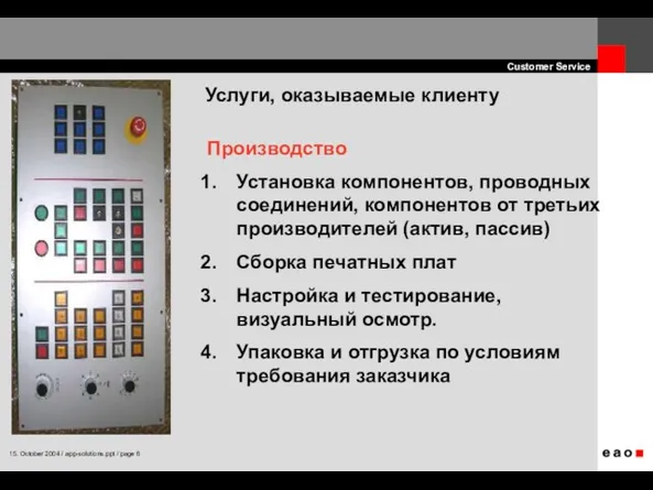 Производство Установка компонентов, проводных соединений, компонентов от третьих производителей (актив, пассив) Сборка