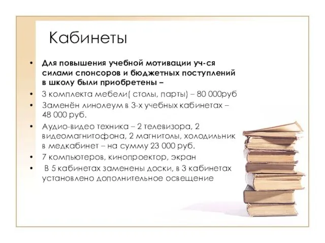 Кабинеты Для повышения учебной мотивации уч-ся силами спонсоров и бюджетных поступлений в