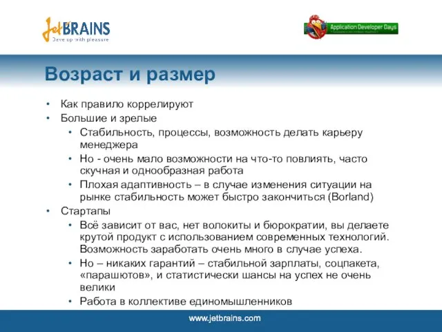 Возраст и размер Как правило коррелируют Большие и зрелые Стабильность, процессы, возможность