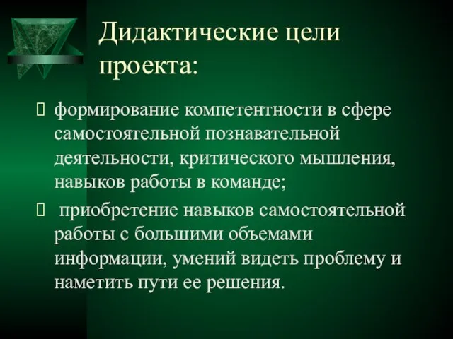 Дидактические цели проекта: формирование компетентности в сфере самостоятельной познавательной деятельности, критического мышления,