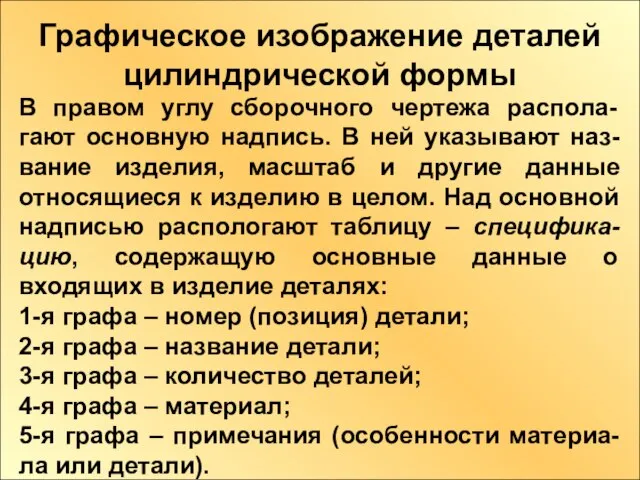 Графическое изображение деталей цилиндрической формы В правом углу сборочного чертежа распола-гают основную