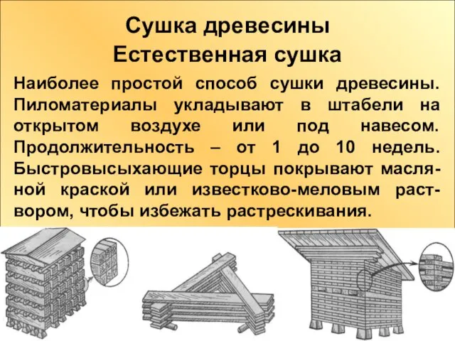 Сушка древесины Естественная сушка Наиболее простой способ сушки древесины. Пиломатериалы укладывают в