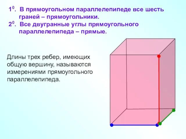10. В прямоугольном параллелепипеде все шесть граней – прямоугольники. 20. Все двугранные