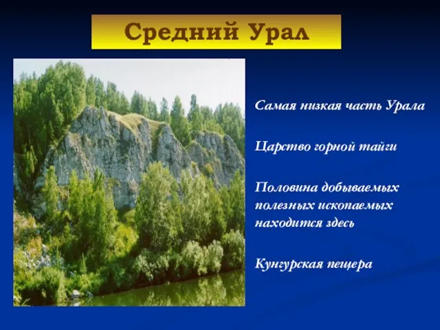 Средний Урал Самая низкая часть Урала Царство горной тайги Половина добываемых полезных