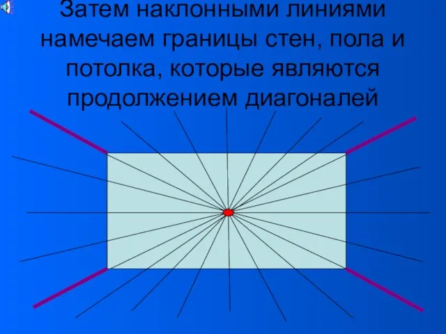 Затем наклонными линиями намечаем границы стен, пола и потолка, которые являются продолжением диагоналей