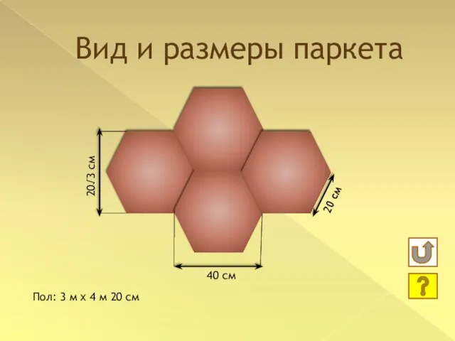 Вид и размеры паркета 40 см 20√3 см 20 см Пол: 3