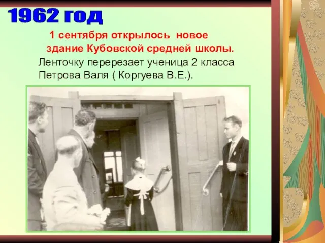 Ленточку перерезает ученица 2 класса Петрова Валя ( Коргуева В.Е.). 1962 год