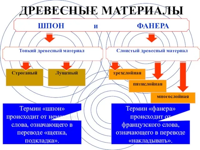 ДРЕВЕСНЫЕ МАТЕРИАЛЫ ШПОН и ФАНЕРА Строганый трехслойная Лущеный пятислойная многослойная Термин «шпон»