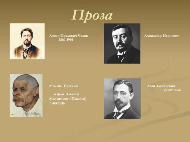 Проза Антон Павлович Чехов Александр Иванович 1860-1904 Куприн 1870-1938 Максим Горький Иван