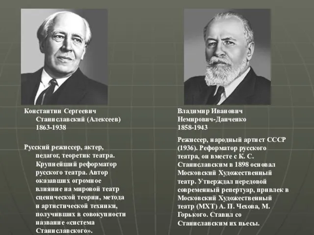 Константин Сергеевич Станиславский (Алексеев) 1863-1938 Русский режиссер, актер, педагог, теоретик театра. Крупнейший