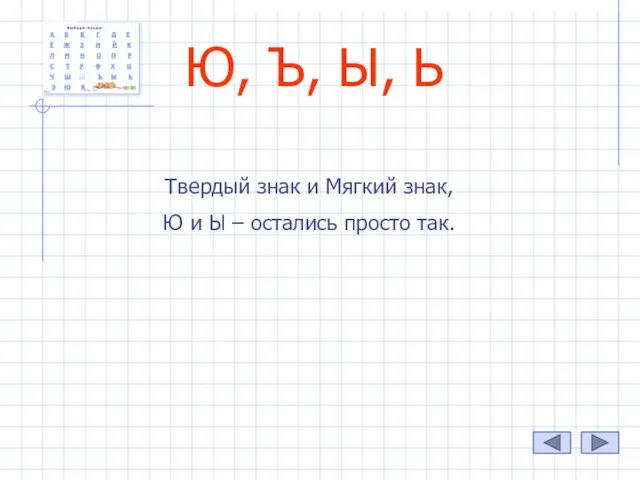 Ю, Ъ, Ы, Ь Твердый знак и Мягкий знак, Ю и Ы – остались просто так.