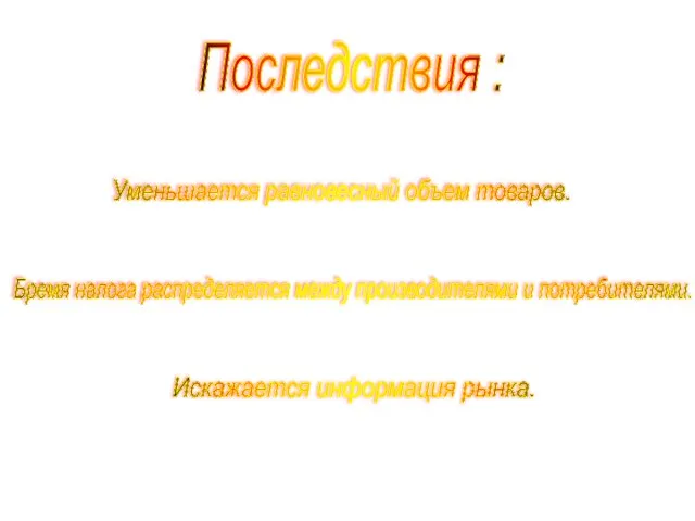 Последствия : Уменьшается равновесный объем товаров. Бремя налога распределяется между производителями и потребителями. Искажается информация рынка.