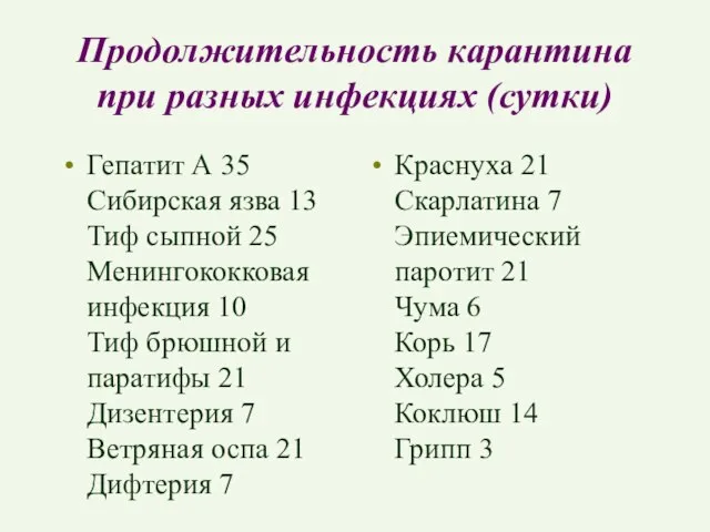 Продолжительность карантина при разных инфекциях (сутки) Гепатит А 35 Сибирская язва 13