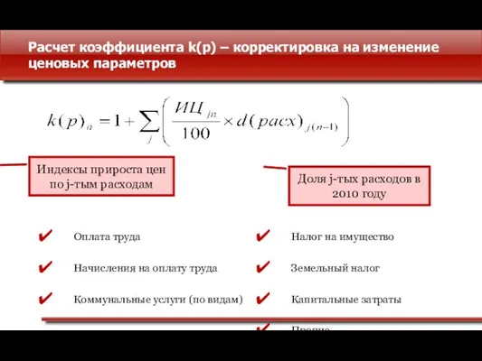 Расчет коэффициента k(p) – корректировка на изменение ценовых параметров Индексы прироста цен