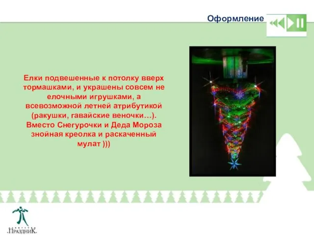 Оформление Елки подвешенные к потолку вверх тормашками, и украшены совсем не елочными