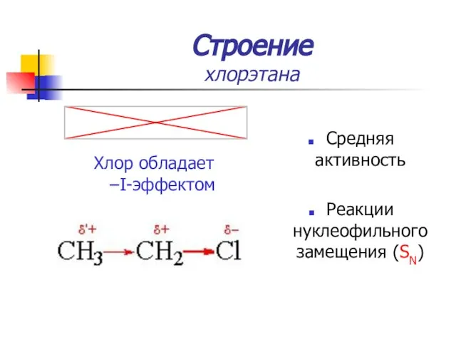 Строение хлорэтана Хлор обладает –I-эффектом Средняя активность Реакции нуклеофильного замещения (SN)