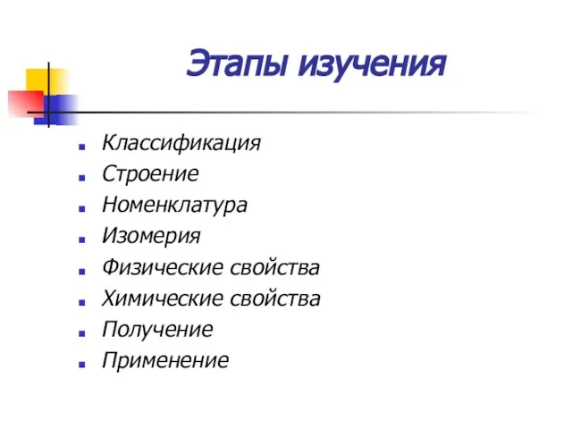 Этапы изучения Классификация Строение Номенклатура Изомерия Физические свойства Химические свойства Получение Применение