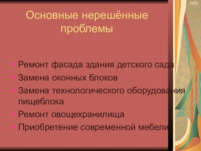 Основные нерешённые проблемы Ремонт фасада здания детского сада Замена оконных блоков Замена