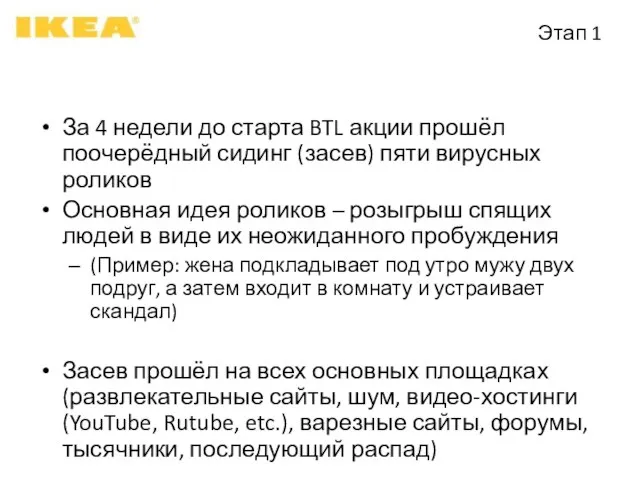 Этап 1 За 4 недели до старта BTL акции прошёл поочерёдный сидинг