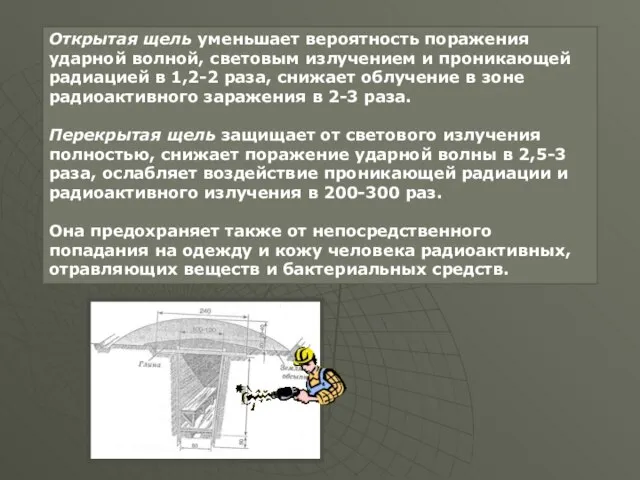 Открытая щель уменьшает вероятность поражения ударной волной, световым излучением и проникающей радиацией